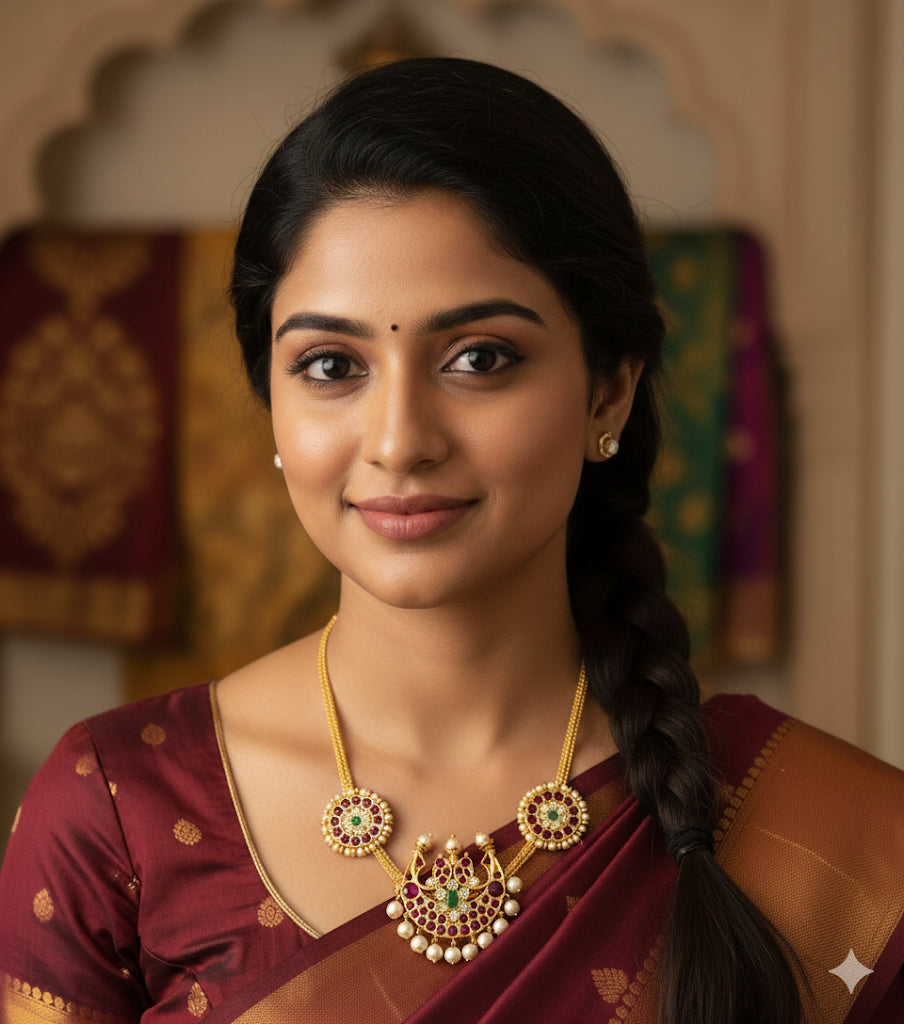 Gold tone precious kemp-green pearl moon necklace dj-52289