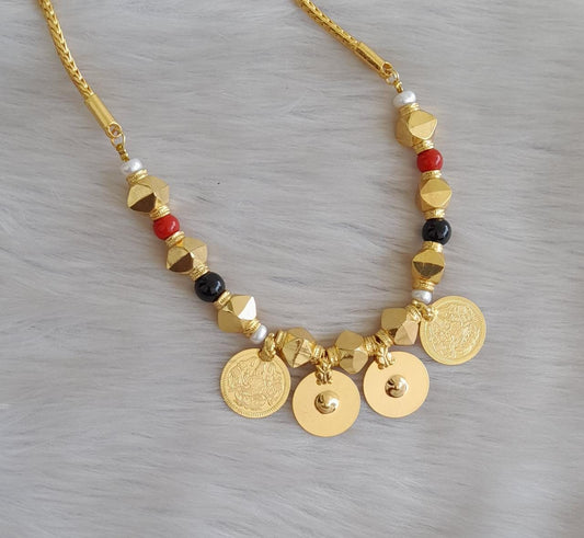 Gold tone coral-black bead lakshmi coin ginni bottu mangalyam dj-42652