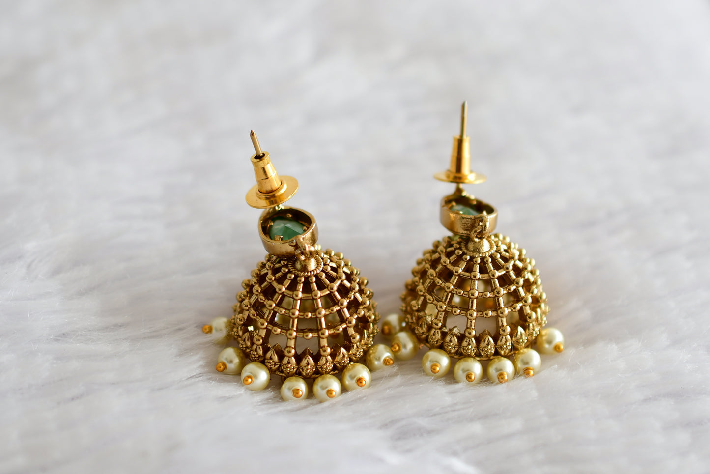 Antique gold tone sea green thilak stone pearl jhumkka dj-51855