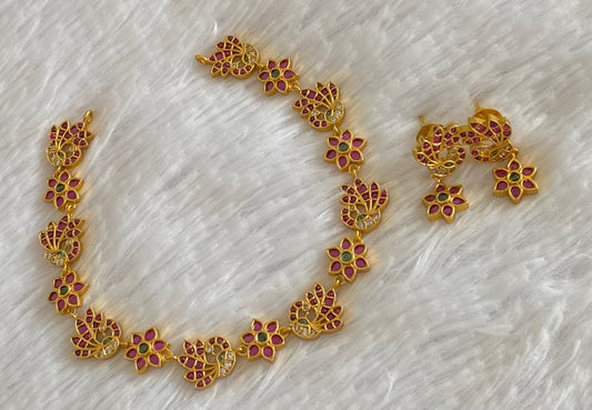 Gold tone pink-green-white stone peacock necklace set dj-54409