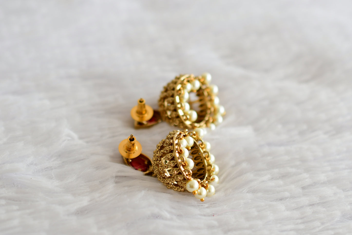Antique gold tone magenta pink thilak stone pearl jhumkka dj-51851