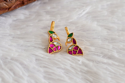 Gold tone pink-green-white kundan jadau peacock bugadi earrings dj-52478