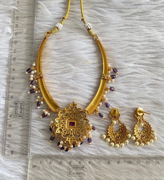 Matte finish cz white-ruby block stone purple beaded kante necklace set dj-51066