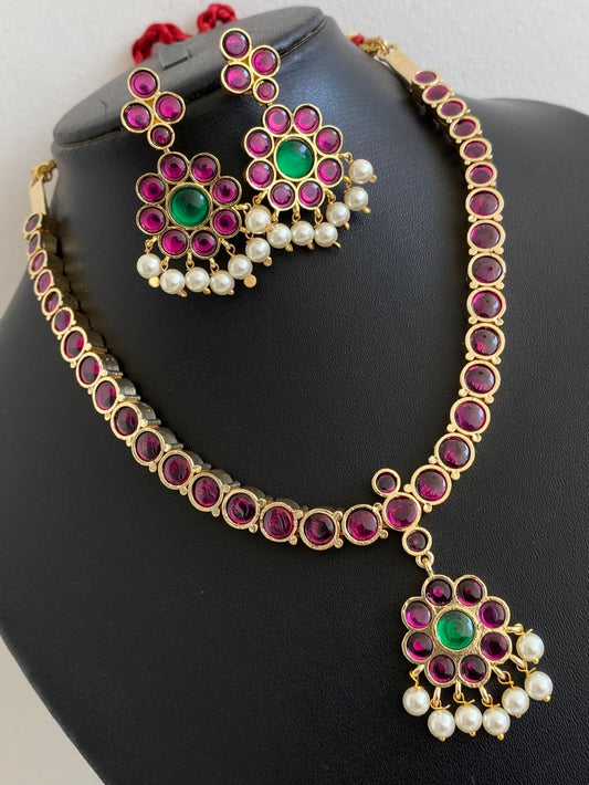 Gold tone precious kemp-green pearl flower necklace set dj-53937