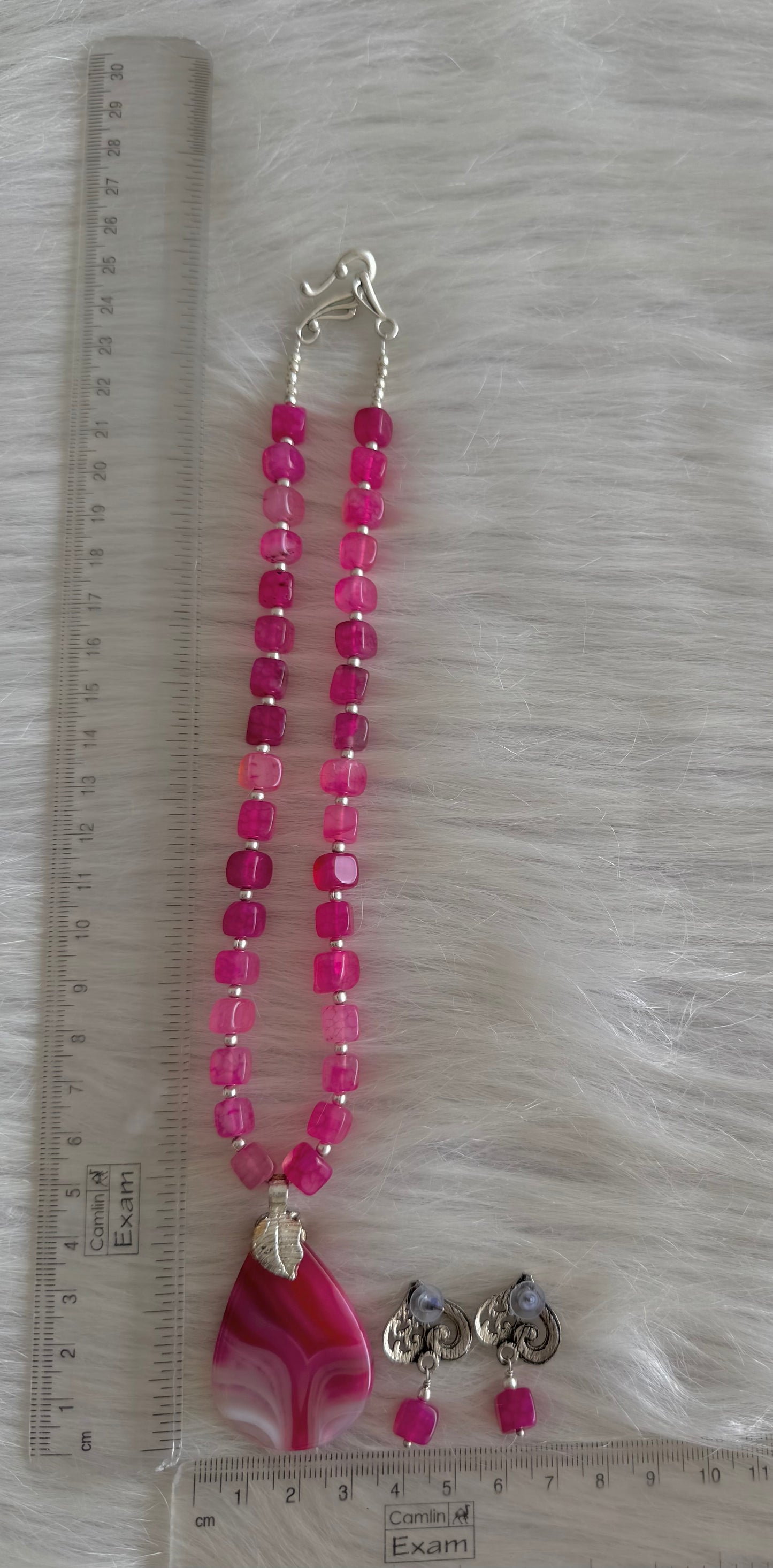 Silver Tone pink agate beaded Necklace Set Dj-51334