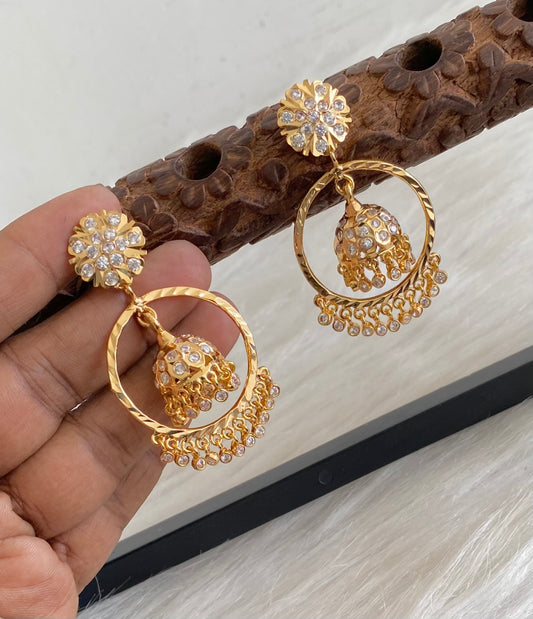 Gold tone south indian style AD white stone bali jhumkka dj-54892