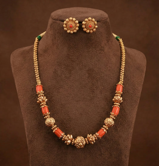 Antique gold tone flower coral-green nakshi beaded necklace set dj-52697