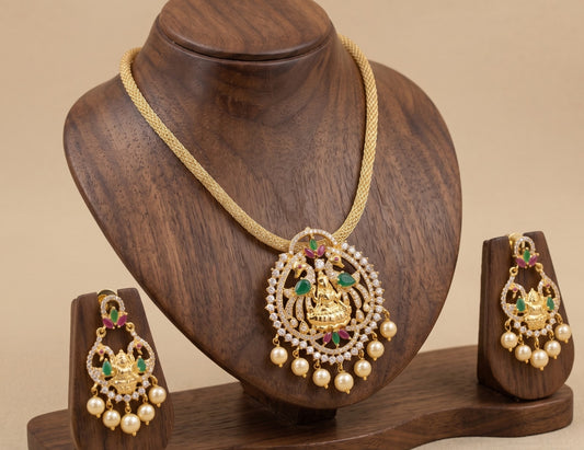 Gold tone Cz Ruby-green Pearl Lakshmi Necklace Set-dj04450