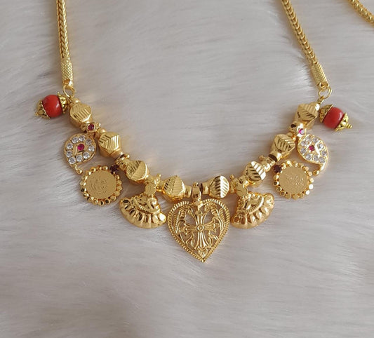 Gold tone coral stone mango lakshmi coin cross mangalyam with 30 inches chain dj-42596
