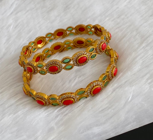 Antique gold tone white-green-coral stone bangles(2.4) dj-53446