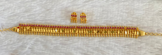 Gold tone ruby stone elakka thali choker necklace set dj-53111