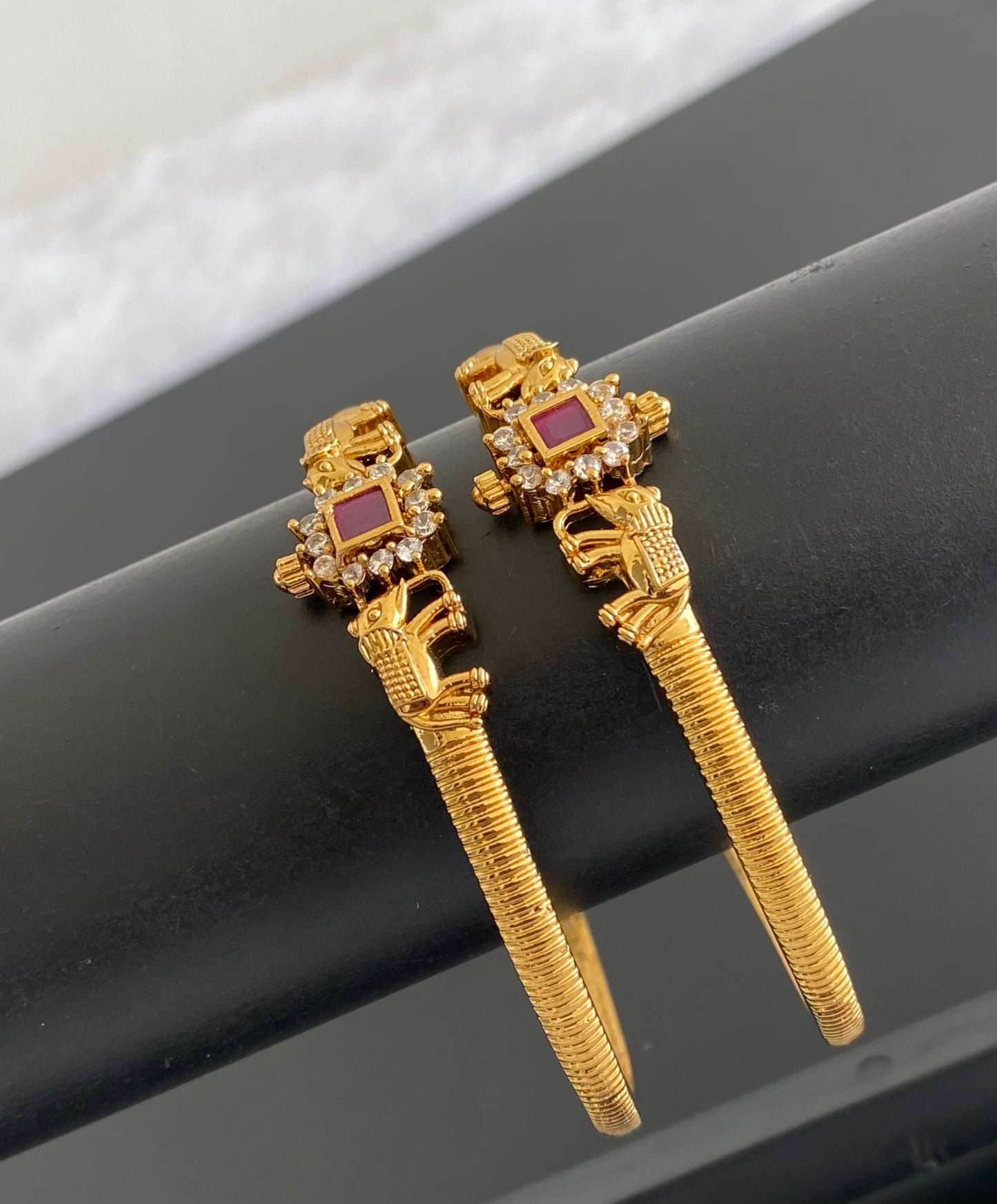 Antique gold tone pink-white stone elephant kada type bangles(2.4) dj-53459