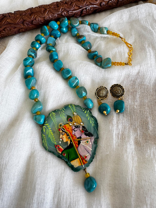 Hand painted radhe-krishna sliced agate pendant with sea green onyx beaded necklace set dj-52626