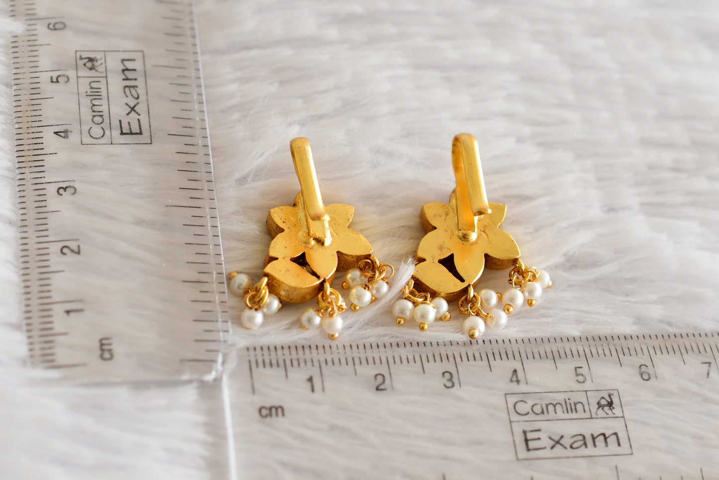 Gold tone pink-green-white kundan jadau flower bugadi earrings dj-52480