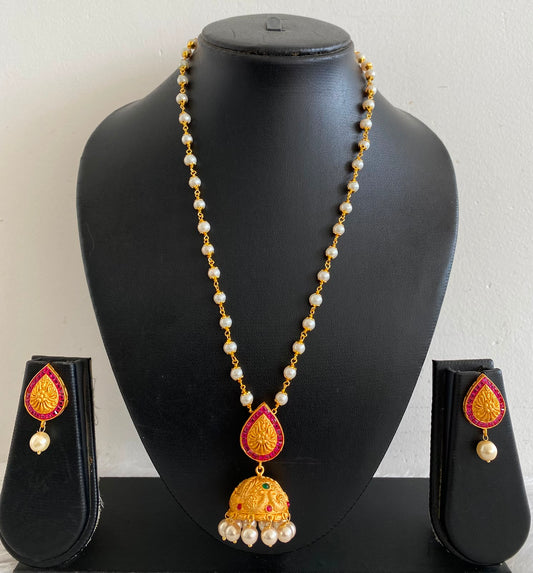 Awesome Matte Finish Ruby-emerald Jhumkka Pendant Necklace Set-dj05883