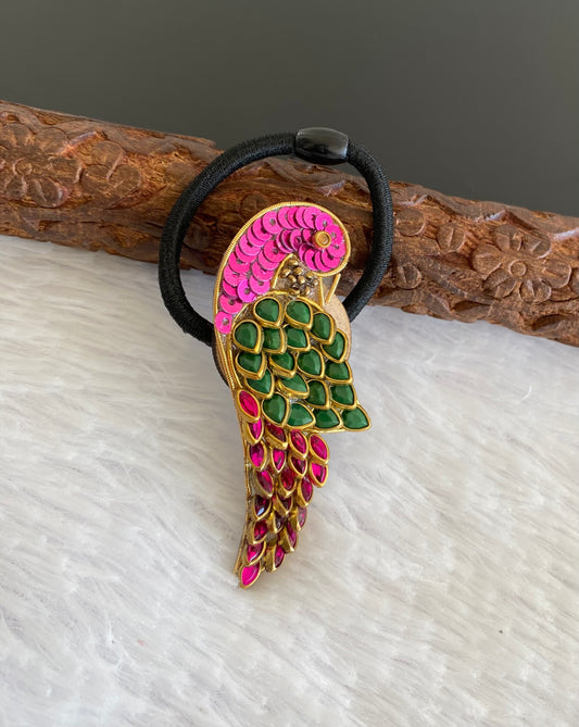 Antique gold tone handmade pink-green peacock hair band dj-52993