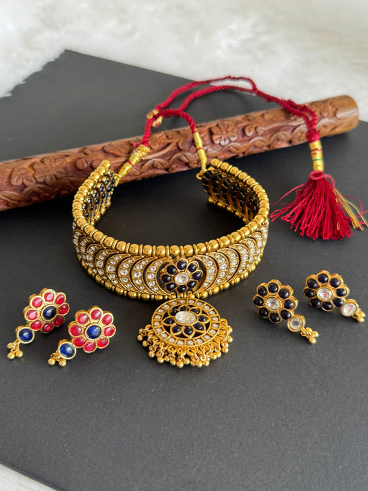 Matte finish kemp-blue-white flower reversible choker set dj-52143