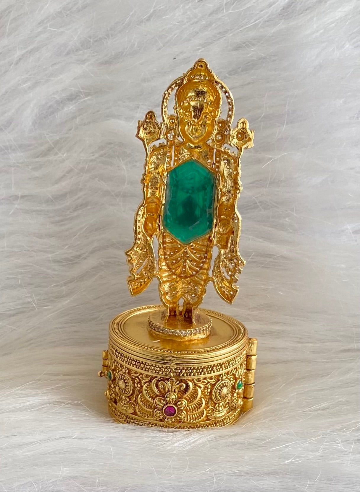 Gold tone pink -green shri thirumal kumkum box dj-54221