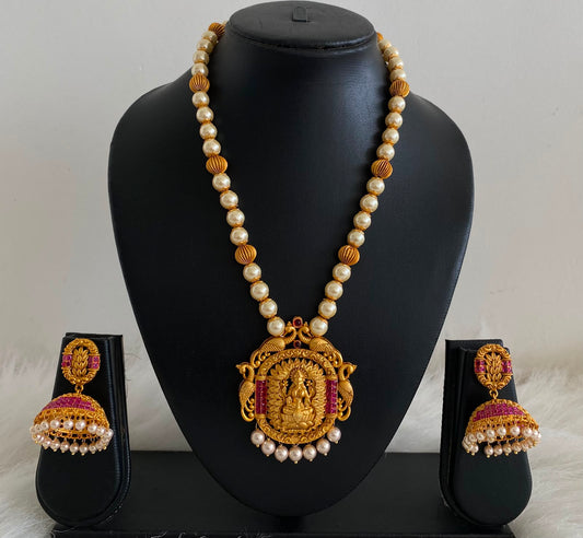 Matte finish ruby pearl lakshmi designer necklace set dj-06489