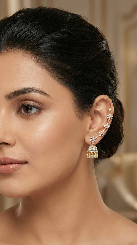 Two tone cz white slide-on flower jhumkka dj-52559