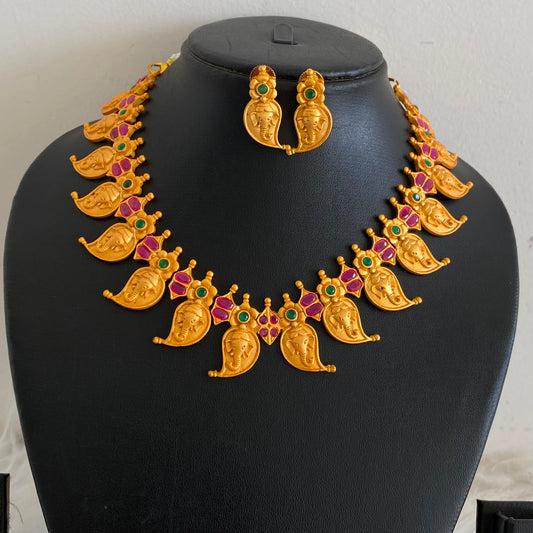 Matte finish Ganesha mango ruby-green necklace set dj-06861