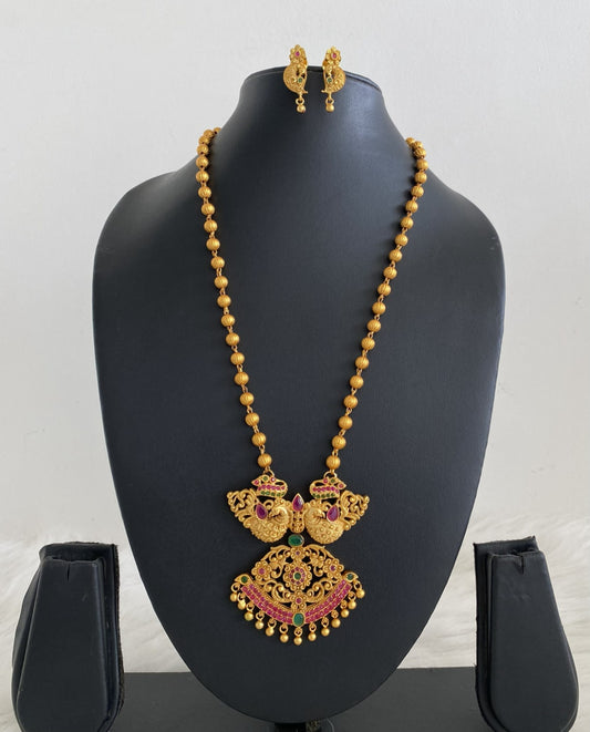 Matte finish ruby-emerald peacock necklace set dj-07146