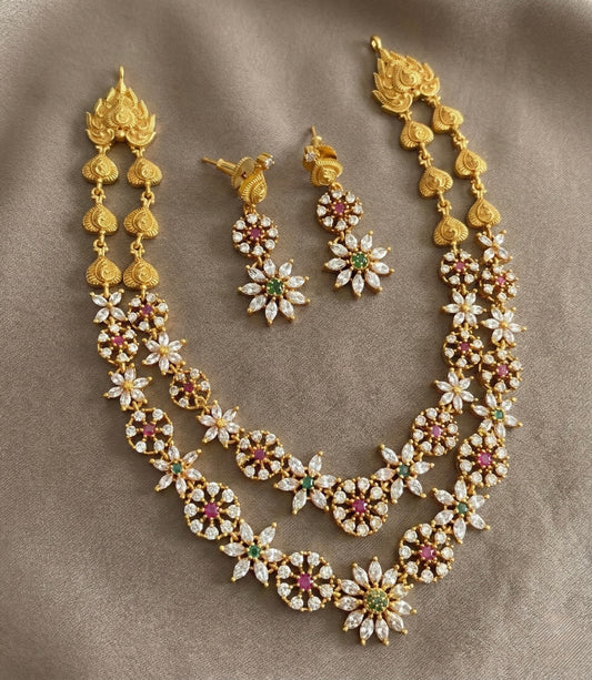 Matte finish cz ruby-green flower double layer necklace set DJ32070
