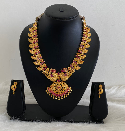 Royal Gold Plated Bridal Ruby Peacock Necklace Set-dj07438