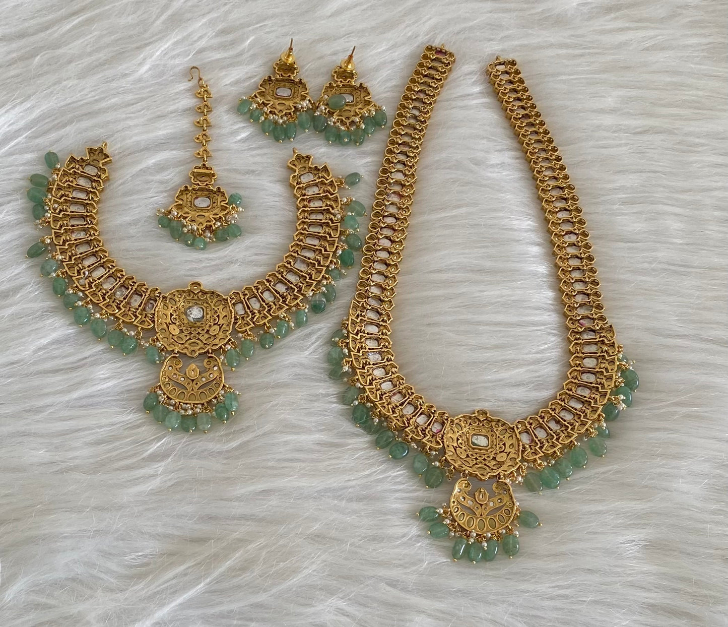 Antique gold tone kundan jadau green beaded bridal set dj-54600