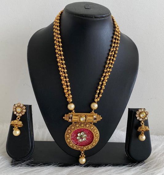Antique gold tone Transparent Stone Pink Kundan Necklace Set-dj07767