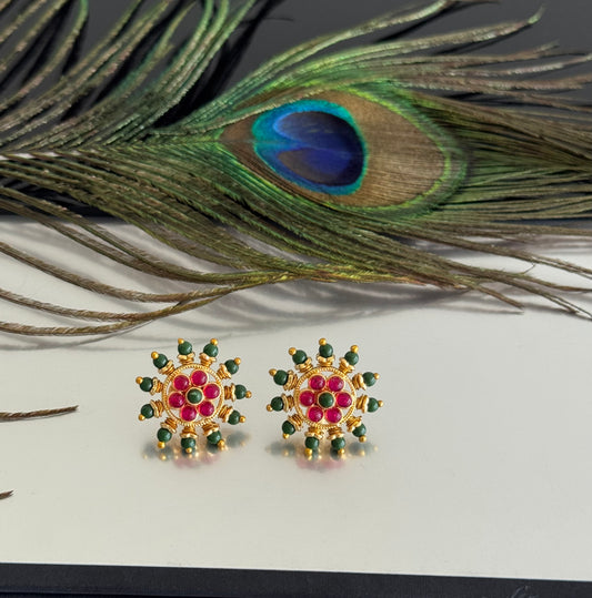 Gold tone pink-green round beaded stud/earrings dj-51597