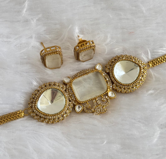 Antique gold tone cz big stone white choker necklace set dj-51087