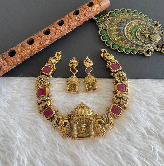 Matte finish ruby-white lakshmi peacock nakshi necklace set dj-52145