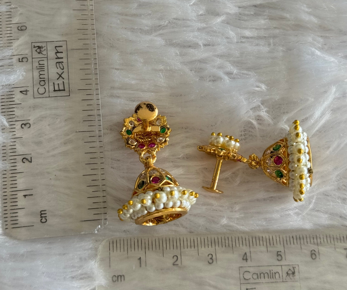 Gold tone ad pink-green-white stone pearl jhumkka dj-46017