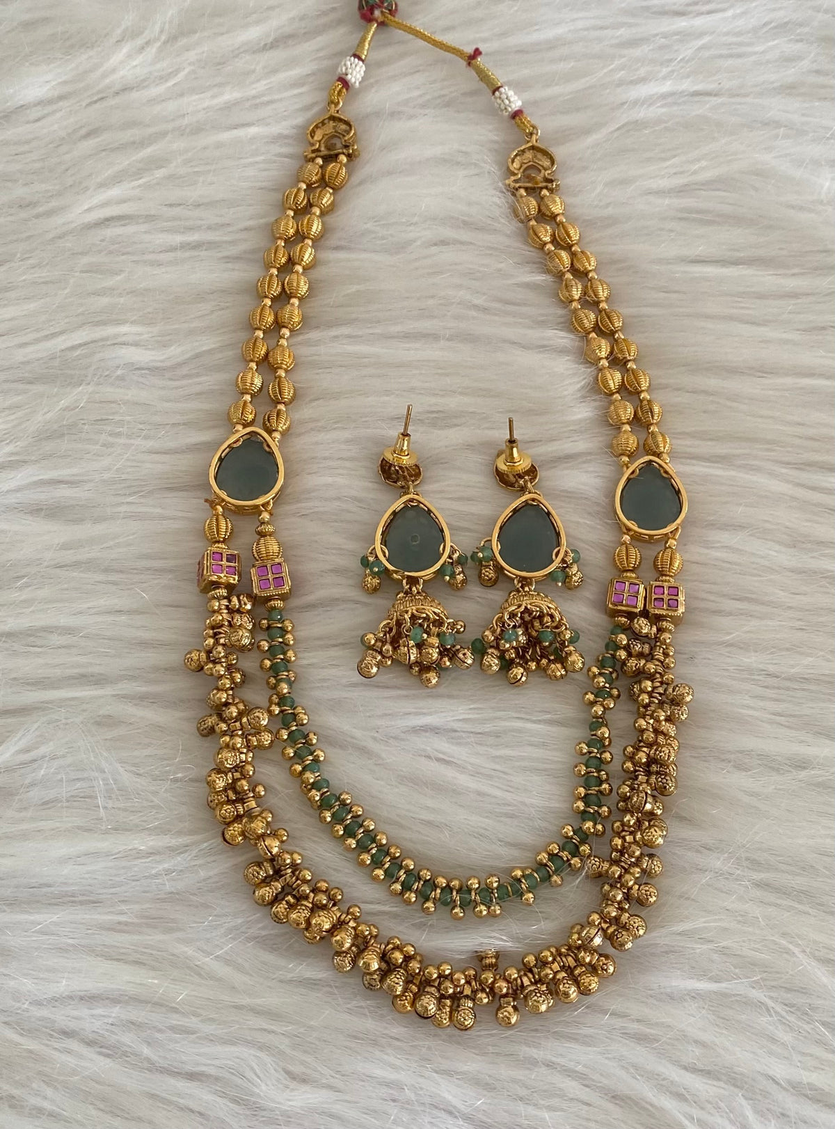 Antique gold tone pink-green stone beaded double layer necklace set dj-54767