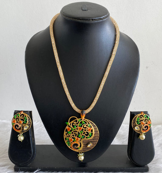 Matte Finish Orange-green Meenakari flower Pendant Set-dj09151