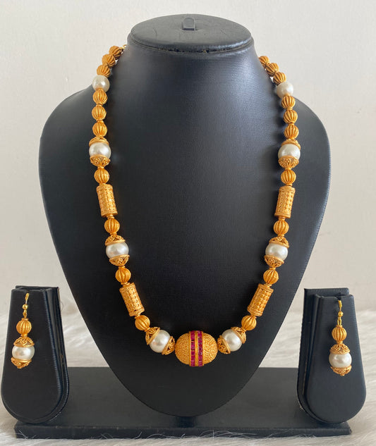 Matte Finish Pearl Ruby beaded Necklace Set -dj09367
