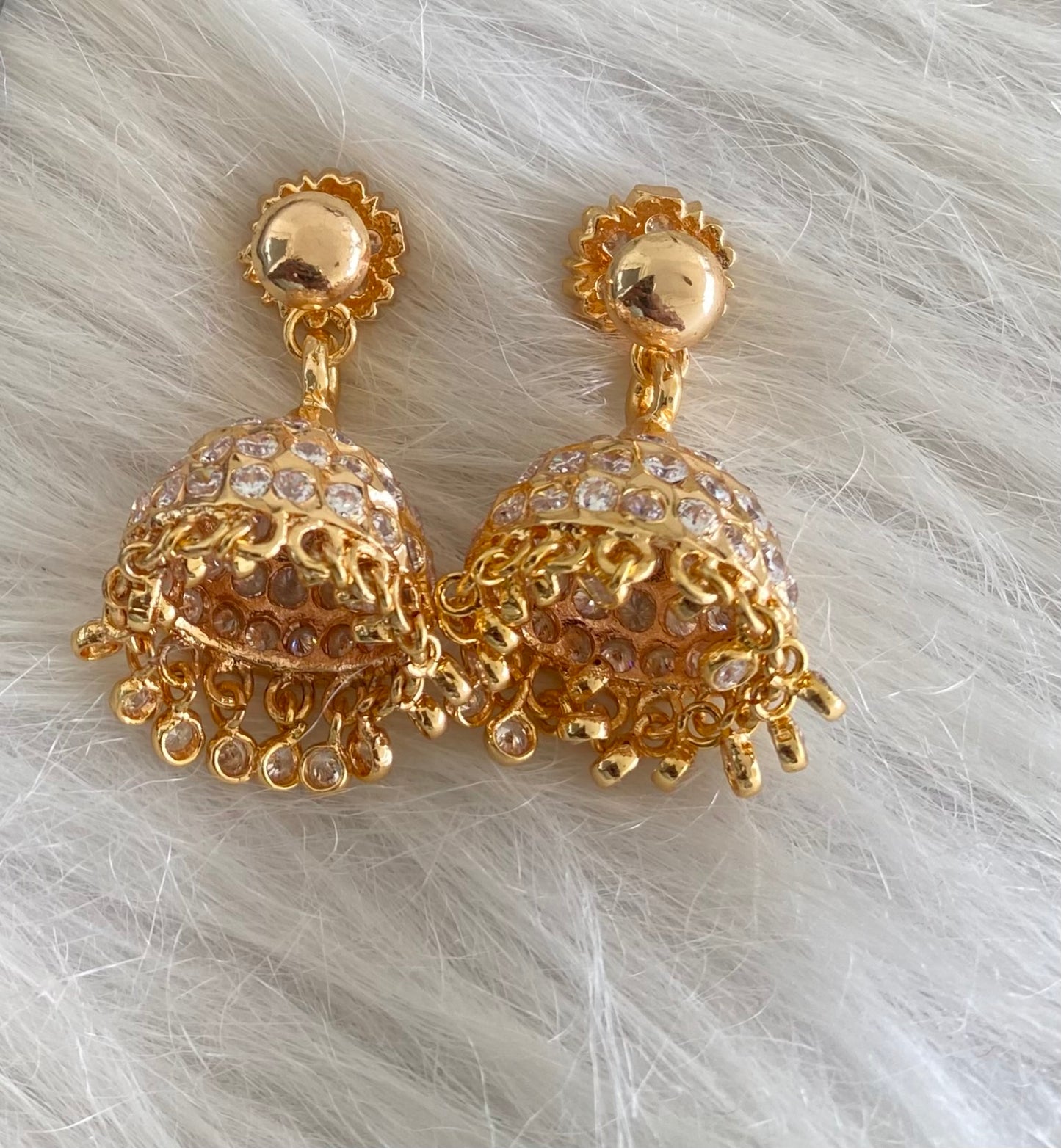 Gold tone south indian style AD white jhumkka dj-53864