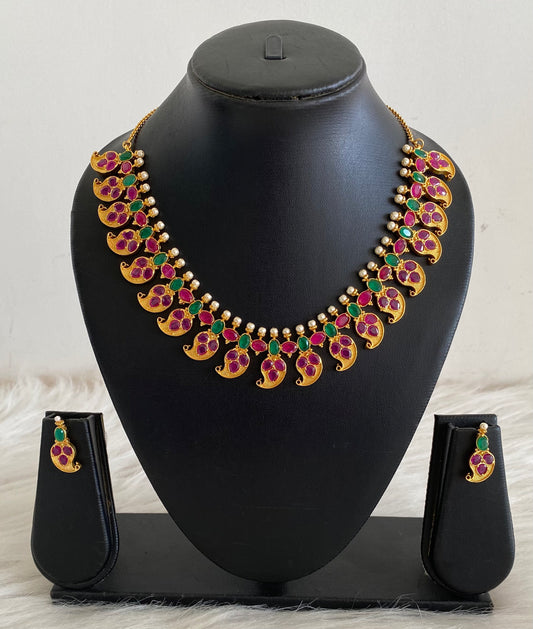 Gold tone Ruby-emerald Pearl Mango Necklace Set -dj09671