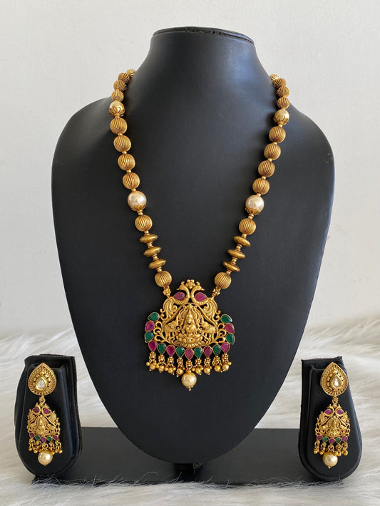 Matte Finish Ruby-emerald beaded Lakshmi Necklace Set-dj09980