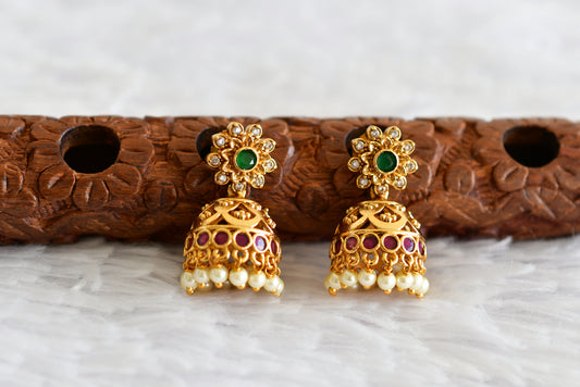 Antique gold tone ruby-green pearl flower jhumkka dj-52160