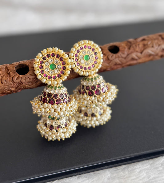 Gold tone precious kemp-green-white stone pearl big step jhumkka dj-51394