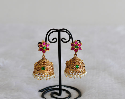 Antique gold tone pink-green jadau kundan pearl flower jhumkka dj-52555