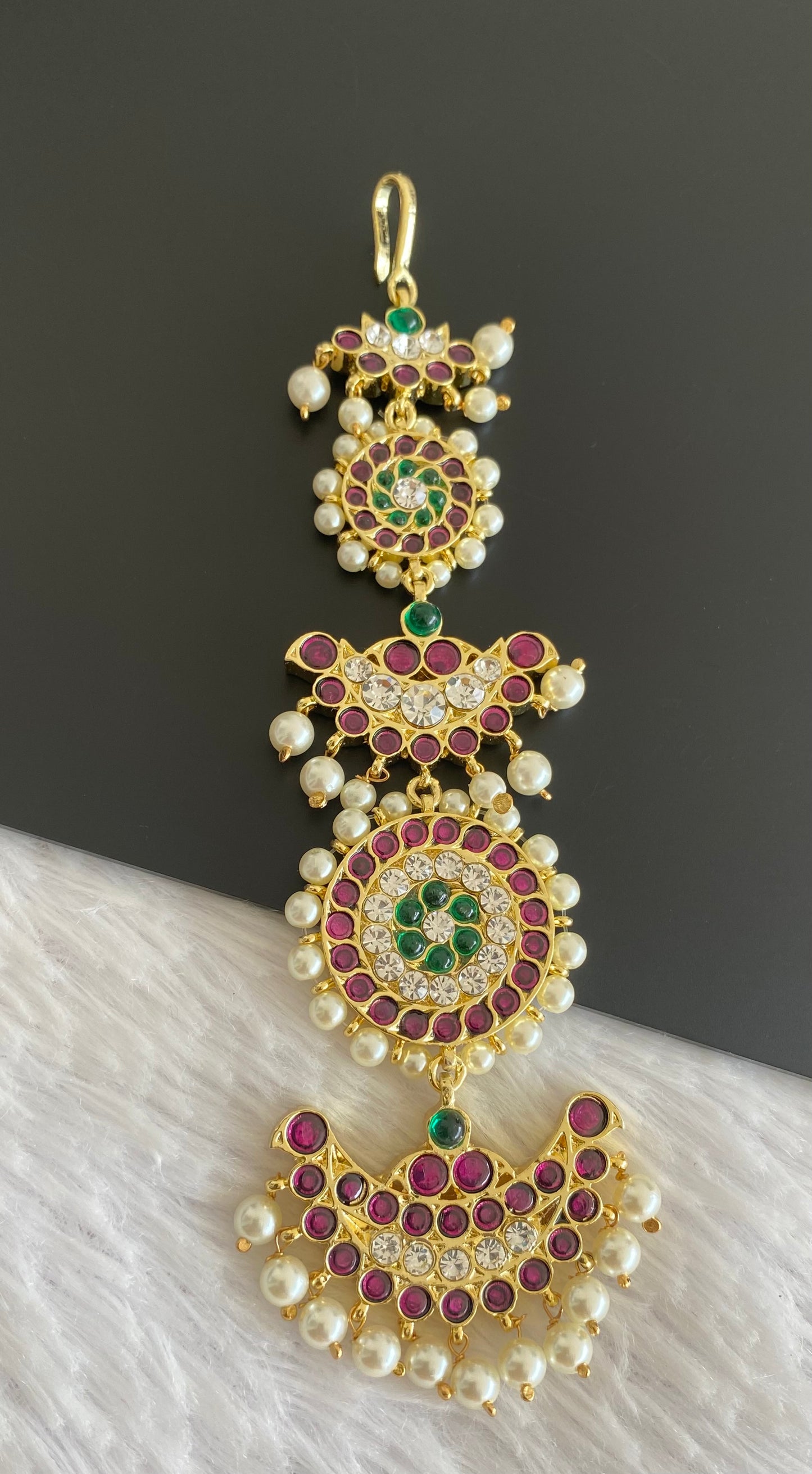 Gold tone semi precious kemp-green pearl maang tikka dj-30220