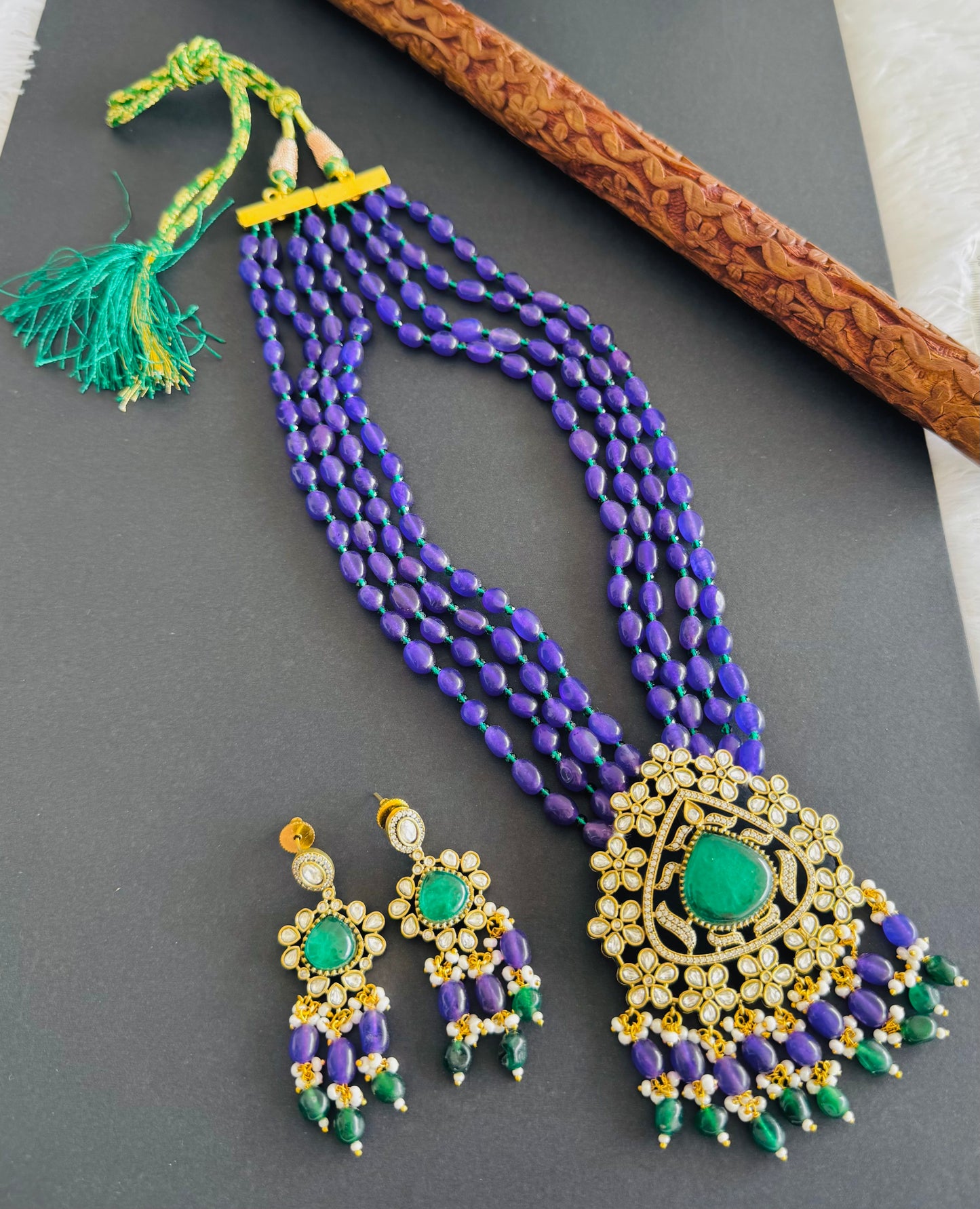 Antique victorian finish purple-green beaded kundan haar Set Dj-51464