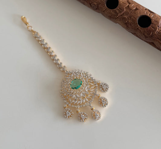 Two tone cz-peacock green thilak stone tikka dj-51369