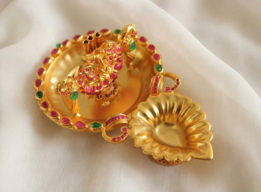 Matte Finish Ruby-emerald Lakshmi Diya And Doopa stand - DJ14367