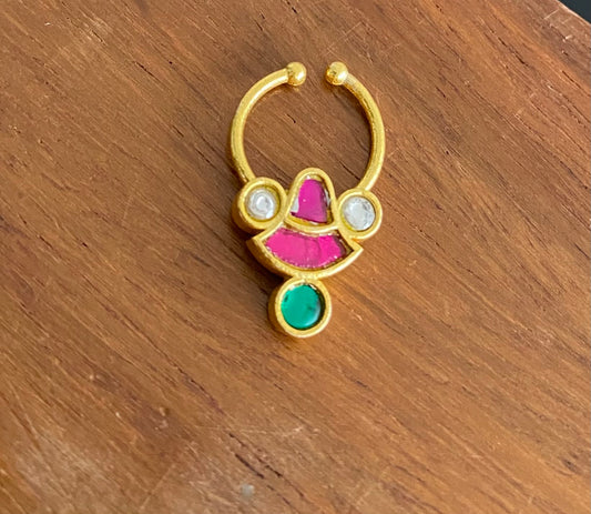 Gold tone kundan jadau pink-green-white stone nose pin/bulakku dj-53765