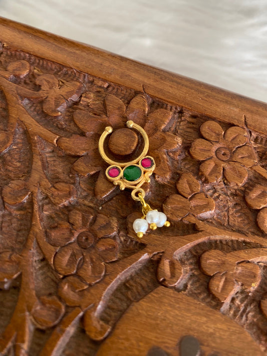 Gold tone kundan jadau pink-green stone pearl nose pin/bulakku dj-53790