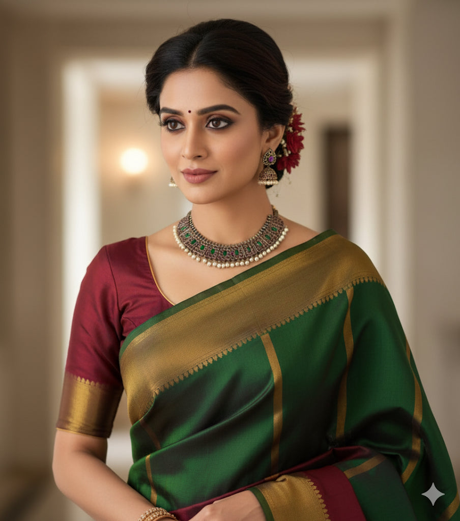 Black finish precious kemp-green pearl poothali necklace Dj-51444